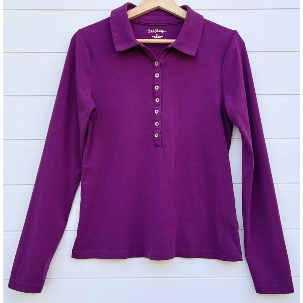 Lilly Pulitzer Reema Polo Long Sleeve Top Cotton Modal Berry Plum Purple Gold M